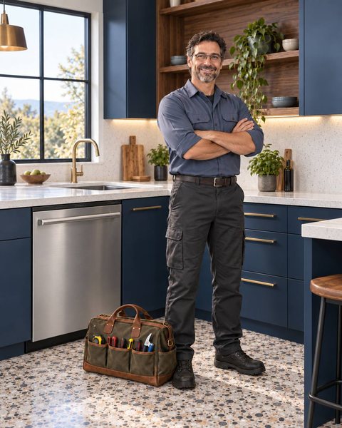 Boise River ApplianceFix technician beside a stainless dishwasher in a Boise kitchen