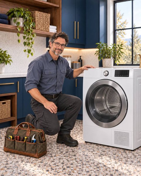 Boise River ApplianceFix technician kneeling beside a dryer in an Eagle laundry room