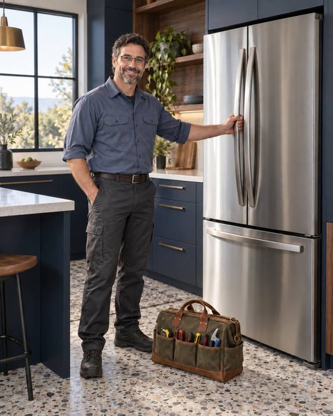 Boise River ApplianceFix technician beside a French-door refrigerator in a Boise kitchen