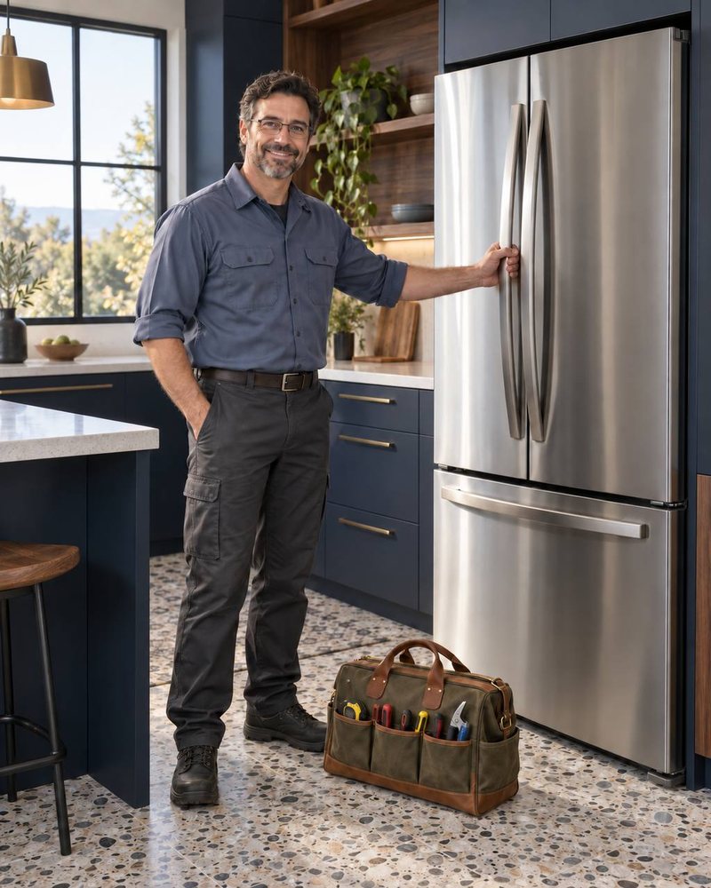 Boise River ApplianceFix technician beside a French-door refrigerator in a Boise kitchen