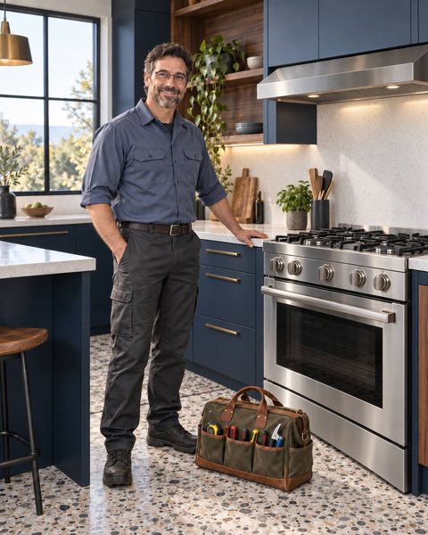 Boise River ApplianceFix technician beside a stainless gas range in a Treasure Valley kitchen