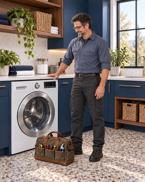Boise River ApplianceFix technician beside a front-load washer in a Meridian laundry room